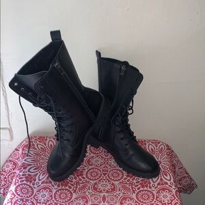 Black Combat Moto Boots with Lace-Up Design